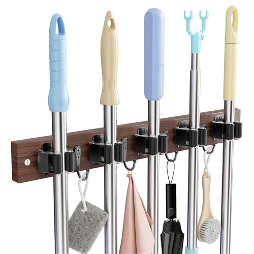 Broom Holder Wall Mount, Rustic Wood Broom Hanger with 5 - Image 2