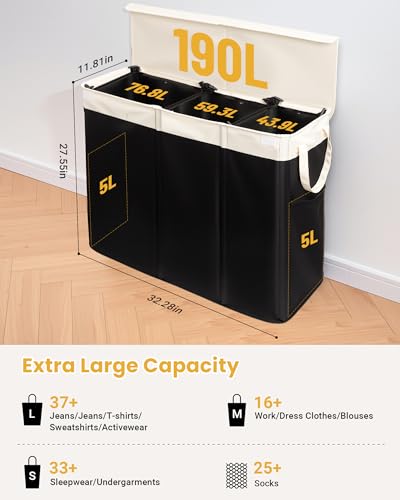 190L Laundry Hamper with Lid, Large Laundry Basket with Lid and 3 - Image 6