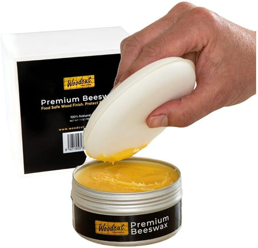Beeswax Woodcut Premium 7oz, Wood Cream, Food Safe for Cutting Boards, Woodturning, Furniture, Benchtops, Cupboards, Baby Toys, Floors and Leather. Aluminium Container with Sponge