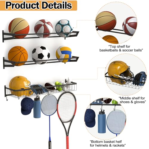Ball Metal Holder Wall Mount Sports Organizer with 3Tier - Image 5
