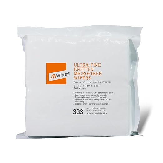 AAwipes Cleanroom Microfiber Wipes Knitted Superfine 6"x6" (100 Counts/Bag, 180gsm, Polyester-Polyamide) Lint Free Cloths for Fiber Optics, Ultrasonic Sealed Edge, Class 100 Cloths (MC18006)