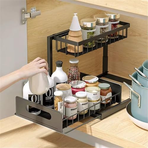 2 Tier Under Sink Organizer, Pull Out Sliding Drawer (Black) - Image 5