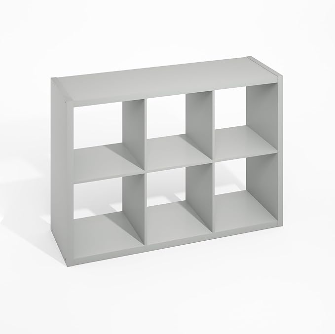Gray cube shelf with six square shelves on a white background