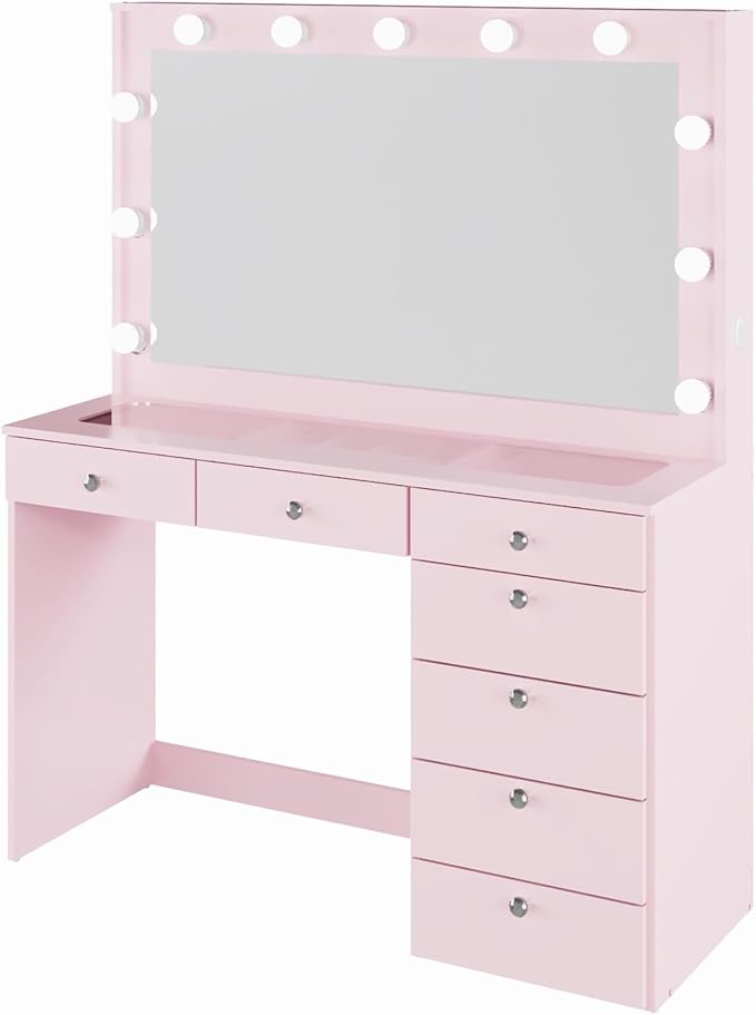 Boahaus Serena Modern Pink Makeup Vanity Desk with Mirror Lights, Power Outlet with USB Ports, Glass Top, Jewelry Divider, 7 Drawers, and Crystal Knobs for Bedroom