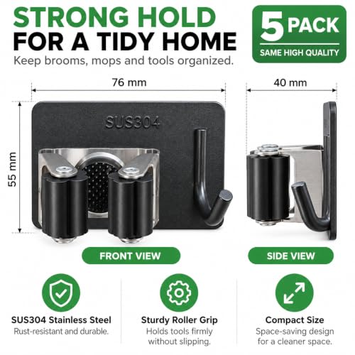 Broom Holder Wall Mount Self Adhesive 5 Pack, Matte Black - Image 3