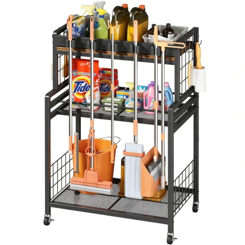 Broom and Mop Holder, 3-Tier Rolling Cleaning Supplies - Image 5