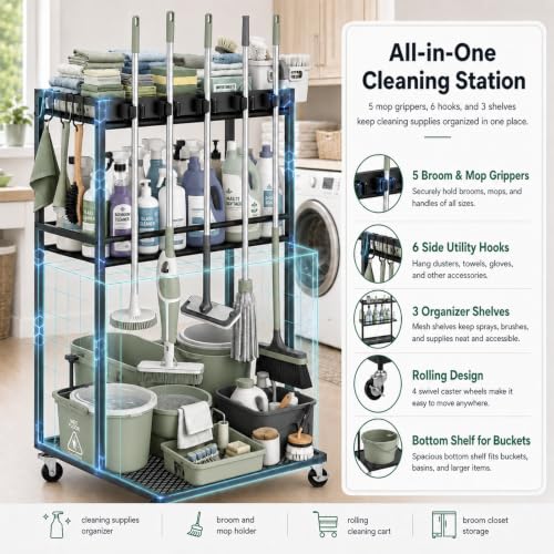 Cleaning Supplies Organizer Cart with Wheels, Broom and Mop - Image 3