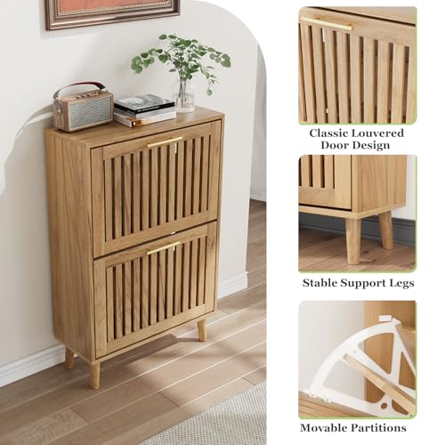 Shoe Storage Cabinet with Louvered 2 Flip Drawers, Narrow Shoe - Image 6