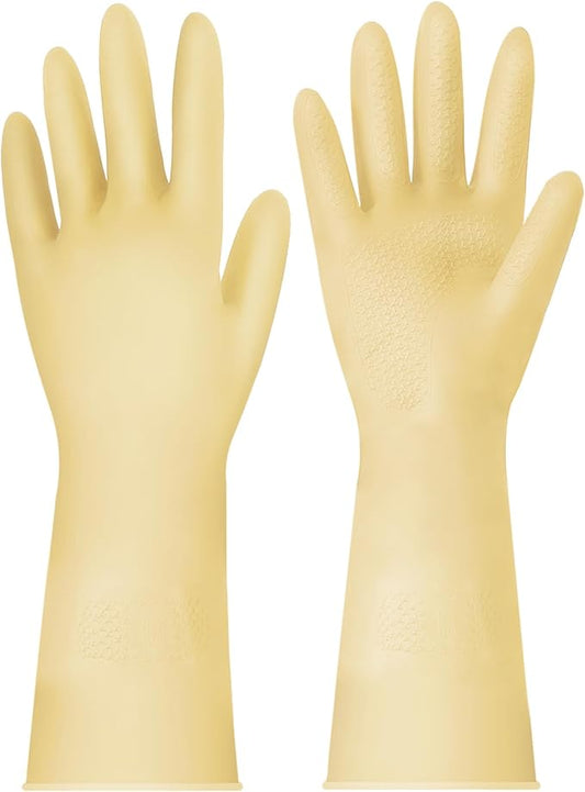 Rubber Cleaning Gloves for Dishwashing - 4 Pairs Kitchen Gloves for Washing Dishes, Reusable Household Gloves for Bathroom, Gardening (Small, Beige)