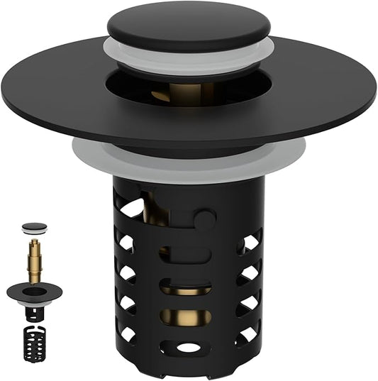Universal Metal Bathroom Sink Drain Strainer Hair Catcher Upgraded 3 in 1 Pop-up Sink Stopper, with Detachable Stainless Steel Filter Basket, Fit for Standard 1.1''~2.36'' Basin Hole, Matte Black