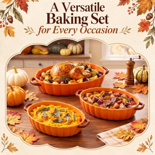 Pumpkin Baking Dish Set of 3 Ceramic Baking Dish, 10''/12''/14" - Image 4