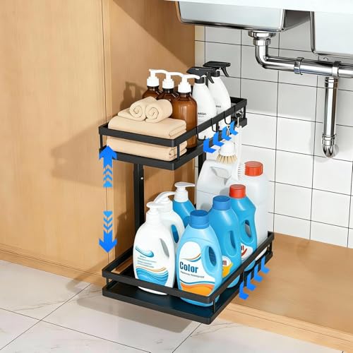 2-Tier Metal L-Shaped Pull-Out Under Sink Organizer, Black - Image 2