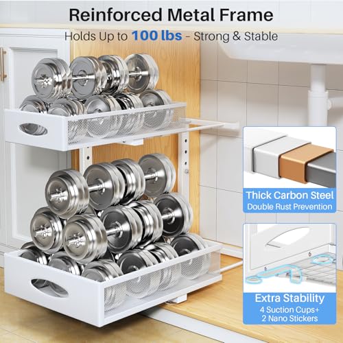 Under Sink Organizer, 2 Pack 2 Tier Pull Out Under Cabinet Organizer Shelf with Pad for Framed Cabinets, Metal Slide Out Under Sink Storage, Mesh Sliding Drawers for Kitchen Bathro - Image 7
