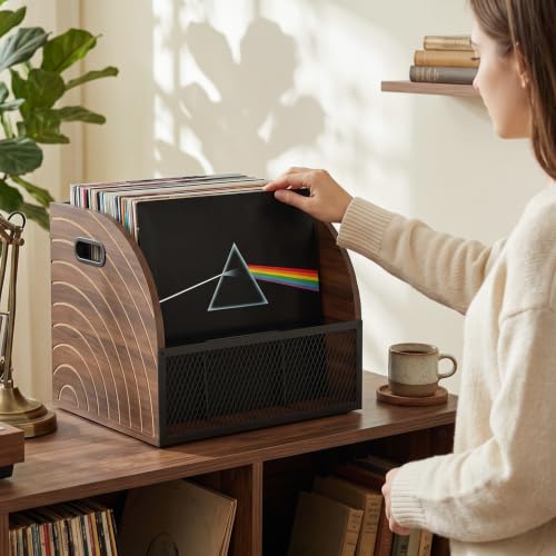 Vinyl Record Storage Crate, Wooden LP Organizer with Divider - Image 3