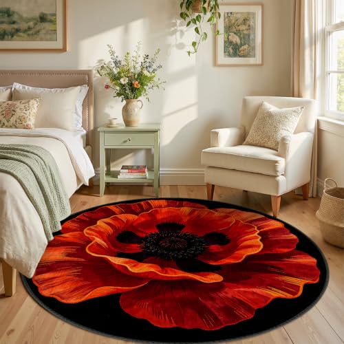 ANNA QUEEN Red Poppy Flower Round Area Rug 4ft,Washable Non-Slip - Image 2