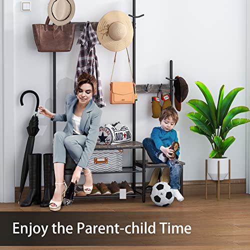 Parent-Child Hall Tree Entryway Bench with Coat Rack Sturdy Shoe - Image 3