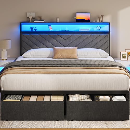 Queen Bed Frame with 2 Drawers, Upholstered Headboard - Image 7