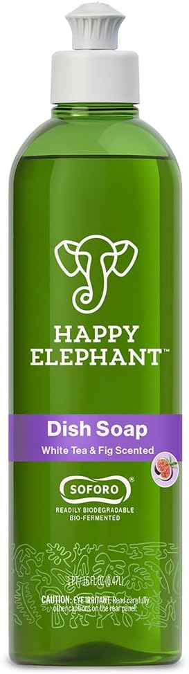 Happy Elephant Dish Soap, White Tea & Fig Scent, Natural Biodegradable Liquid Dish Soap, Plant Based, Grease Fighting, Tough on Food, Gentle on Hands, No Synthetic Fragrance, 12 Fl Oz
