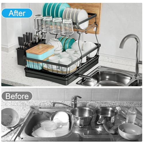 7 code 2-Tier Large Dish Drying Rack for Kitchen Counter, Black - Image 7