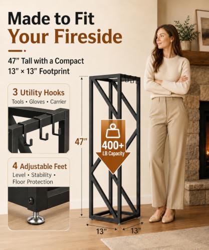 47in Firewood Rack Indoor Outdoor with Hooks – Heavy Duty - Image 3