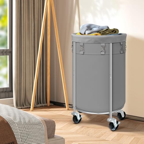 100L Round Rolling Laundry Hamper Basket with Wheels, Grey - Image 5