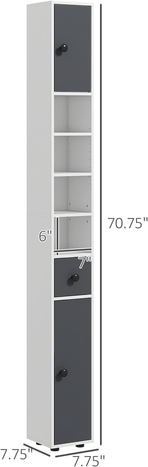kleankin Narrow Tall Bathroom Storage Cabinet, 71" Slim Freestanding Bathroom Cabinet with Drawer, Open Shelves, 2 Doors and Adjustable Shelves for Small Spaces, Gray