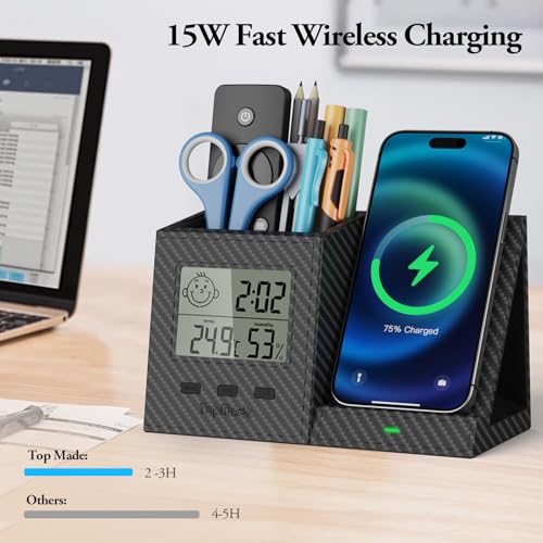 Wireless Charger with Pen Holder, LED Screen Desk Organizer - Image 5