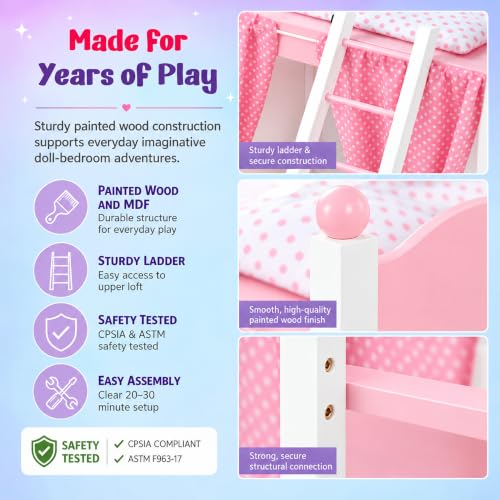 Emily Rose 18” Doll Loft Bunk Bed Pink - Bunkbed w/Storage - Image 7