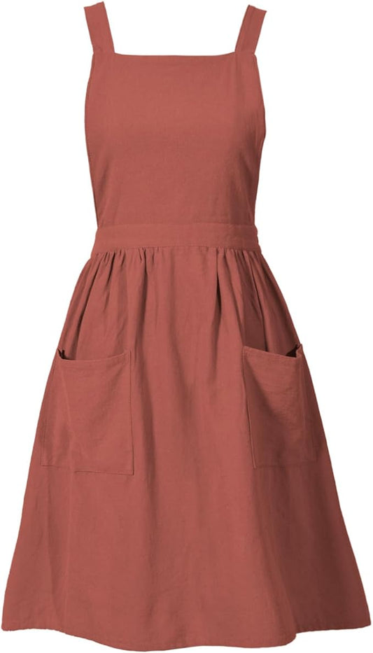 Cotton Linen Pinafore Apron Dress for Women with Pockets Cute Art Chef Aprons for Kitchen Baking Gardening Painting