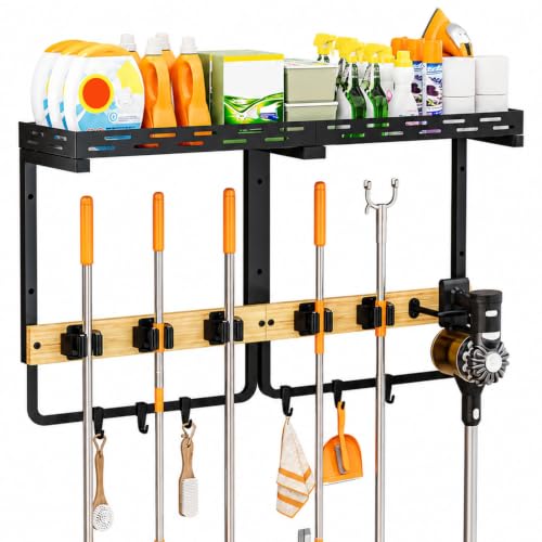 Large Broom Holder and Mop Organizer Wall Mount with Shelf - Image 2
