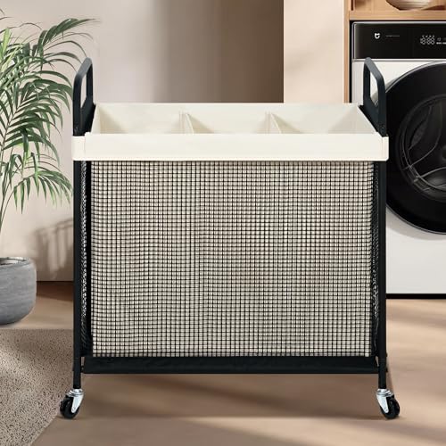 Laundry Hamper 3 Section, 120L Rolling Laundry Sorter Cart - Image 3