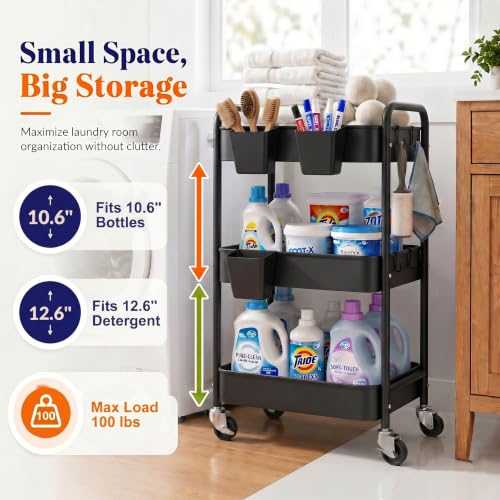 3 Tier Rolling Cart Metal with Wheels,Black Three Tiered Dorm - Image 5