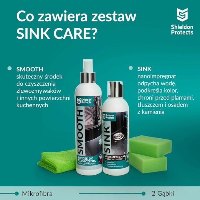 Shieldon Sink Care Kit – Cleaner & Nano Sealer for Granite Composite, Ceramic & Natural Stone Sinks – Restores Shine, Repels Stains, Grease & Hard Water – 2 Sponges & Microfiber Cloth
