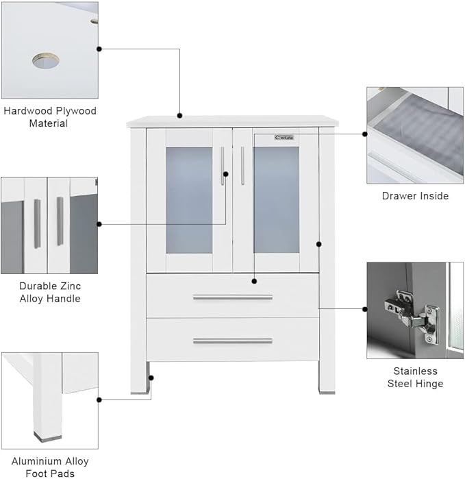 eclife 72" Modern Bathroom Vanity Sink Combo Freestanding Cabinet with Small Side Cabinet, White Boat Ceramic Vessel Sink, Water Save Faucet, Drain (White+T44)