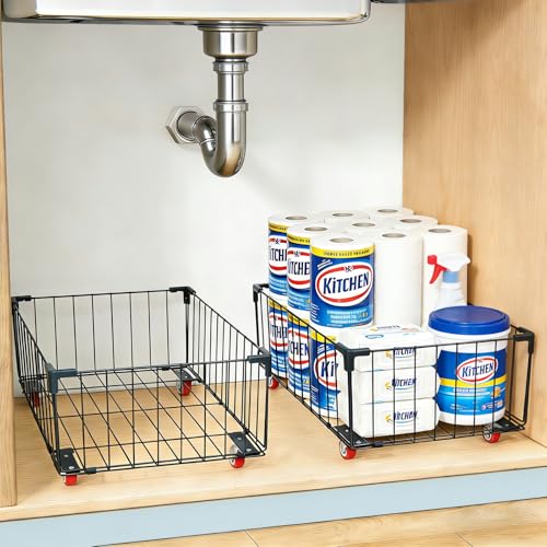 2Pack, Under Sink Organizer,Cabinet Organizers and Storage, Metal Storage Basket,Large capacity, Can Hold 40-70 Liters, Easily Push And Pull, Convenient For Cleaning Under Sink