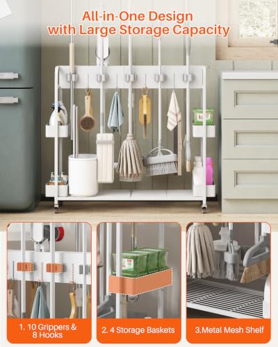 Broom and Mop Holder with Cleaning Supplies Organizer (White) - Image 6