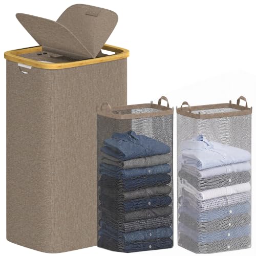 efluky Double Laundry Hamper with Lid and 2 Removable Bags, Brown - Image 2