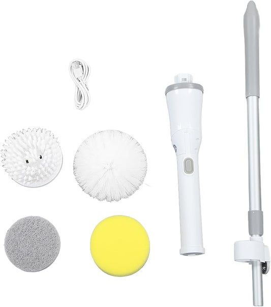 Pilipane Electric Spin Scrubber Cordless Power Cleaning Brush with 6 Replaceable Heads Adjustable Extension Handle for Bathroom Tile Floor Shower Tub White