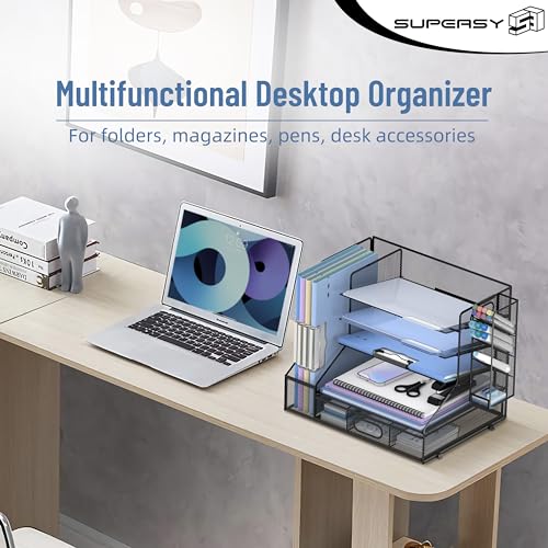 Desk Organizer with 5 Tier File Holder and Sliding Drawer Pen - Image 5