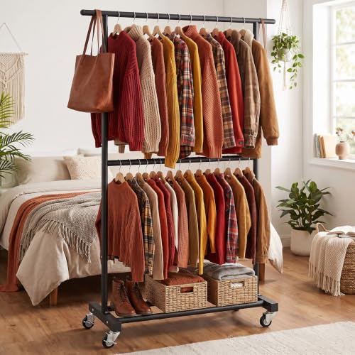 Sywhitta Double Rod Metal Clothing Garment Rack on Wheels, Black - Image 3