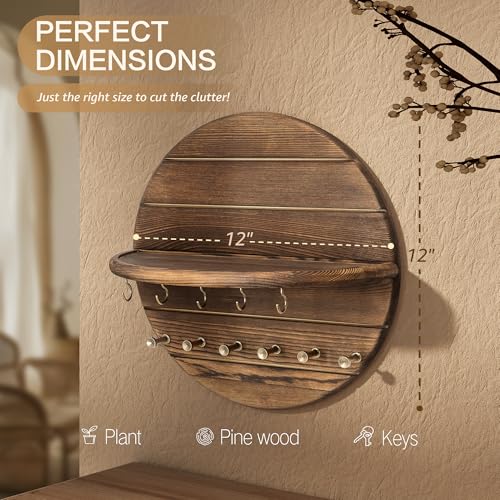 Pine Wood Round Key Holder Wall Mount for Home Decor, Brown - Image 3