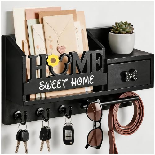 Key Holder Wall Mount with 3 Hooks and Storage Drawer - Image 2