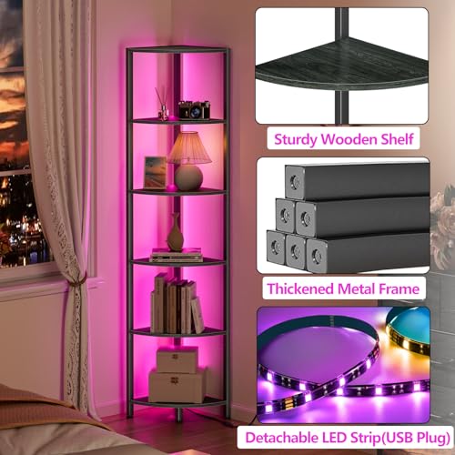 Furnulem 6 Tier Corner Shelf with LED Light, 67.5" Black Narrow - Image 7