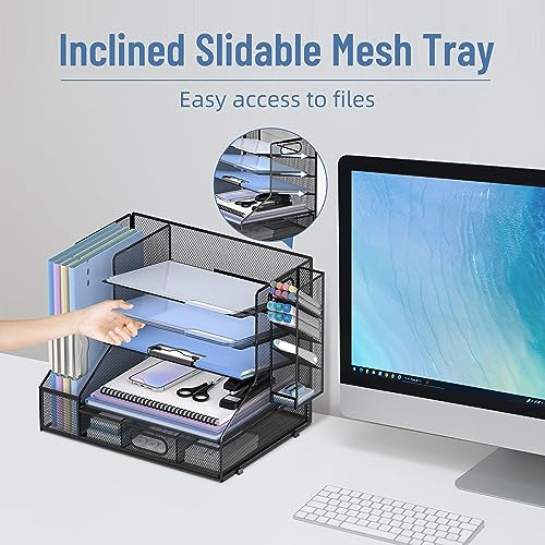 Desk Organizer with 5 Tier File Holder and Sliding Drawer Pen - Image 3