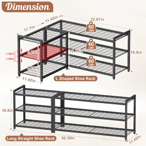 3-Tier Shoe Rack for Closet, L-Shape Metal Shelf Holds 18 Pairs - Image 3