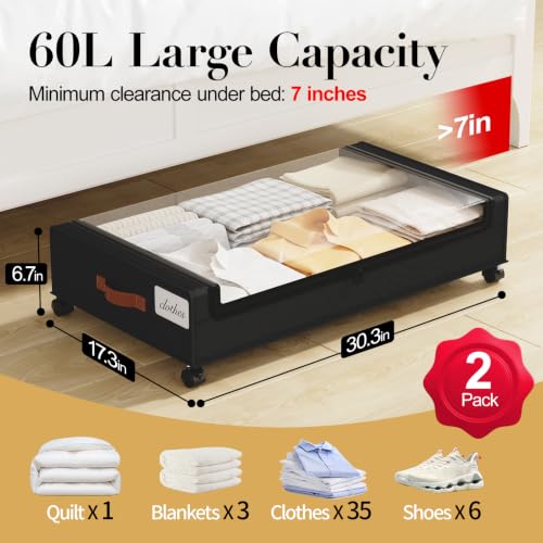 Yecaye 60L Under Bed Storage with Wheels, 2 Pack, Black - Image 3