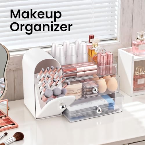 Makeup Organizer Countertop with Makeup Brush Holder,White - Image 4