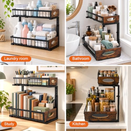 Under Sink Organizer with Wooden Handles, 2 Tier Pull Out Shelf - Image 5