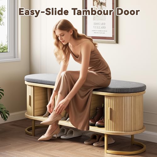 Decofy Shoe Storage Bench with Cushion and Sliding Doors - Image 5