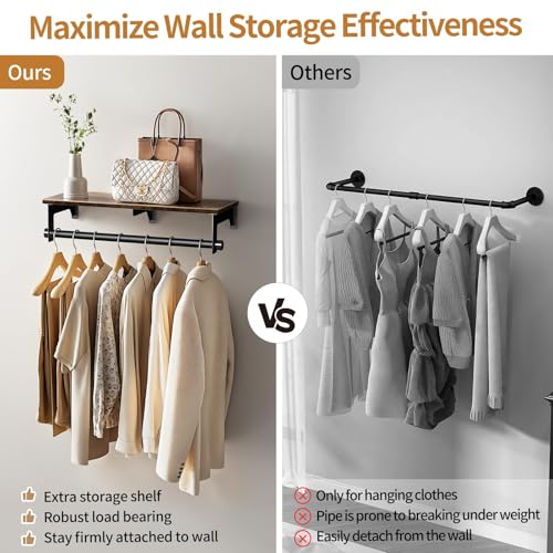 Luxspire 28.7" Wall Mount Clothes Rack with Wood Top Shelf - Image 5
